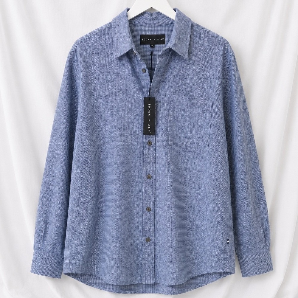 Edgar + Ash Mens XL Blue White Herringbone‎ Button Front Shirt Long Sleeve NWT